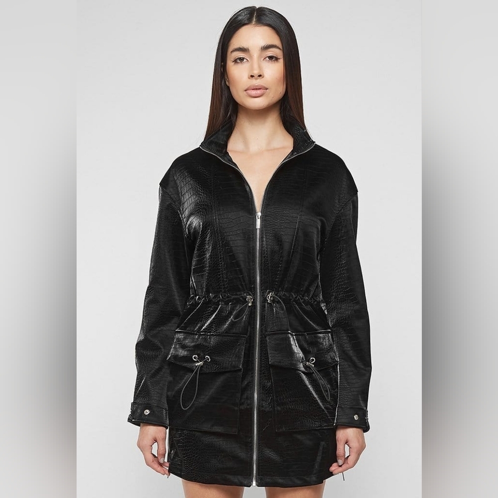 MDV Black Drawstring Croc Effect Waist Zip-Front Women’s Jacket UK 10 (US 6)